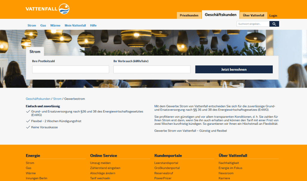 Vattenfall Gewerbestrom Webseite